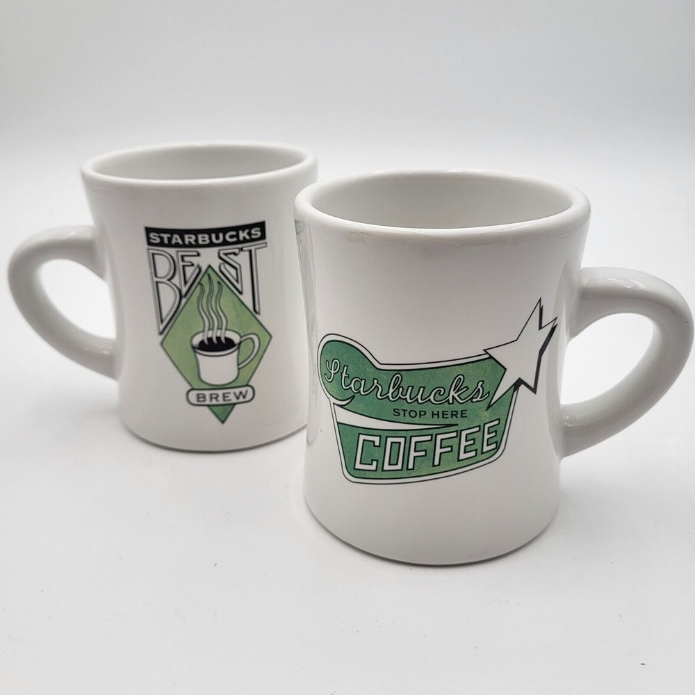 Set of 2 Starbucks Diner Style 10oz White Coffee Mugs 2001 Best Brew, Stop Here‎